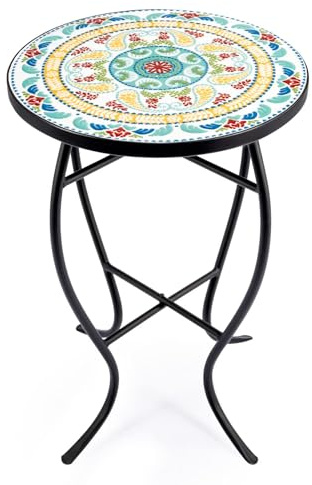 VONLUCE Mosaic Side Table and Plant Stand, 53.5cm Round Side Table with 36cm Ceramic Tile Top, Indoor and Outdoor Accent Table, Outdoor Patio Bistro Coffee Table for Home & Garden (Floral)