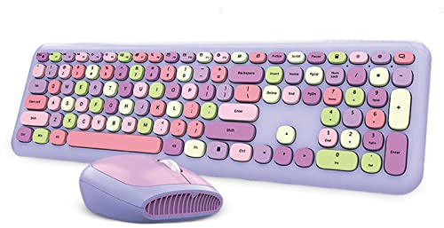 Kabellose 2,4-G-Tastatur und Maus-Kombination, Bunte Runde Tastenkappen, Niedliche ästhetische Tastatur, 110 Tasten in Voller Größe, QWERTY-Schreibmaschinentastatur(Lila gemischt)