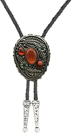 DELIGUO Bolo Ties Krawatte Für Herren - Vintage Naturstein Blatt Anhänger Krawatte Schmuck, Western Cowboy Herren Damen Schwarz Leder Seil Halskette Zubehör,Rot,Einheitsgröße