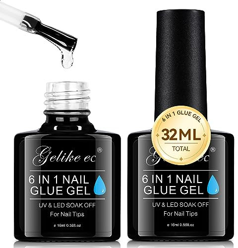 Gelike ec Nail Glue Extra Strong Duo 6 in1 Nagelkleber für Kunstnägel Nagelkleber für Tips Press on Nails Long-lasting Clear Nail Glue Gel UV for Soft Gel Nails Gel Curing Under UV Nail Light 32ml