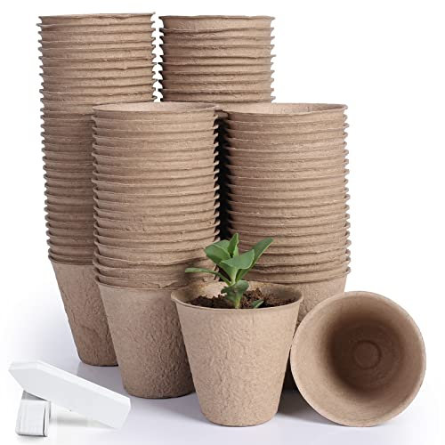 JERIA Paquete de 100 macetas de turba de 3.15 pulgadas para plantas con 100 etiquetas de plantas, macetas de germinación de jardín, kits de macetas biodegradables para principiantes de semillas