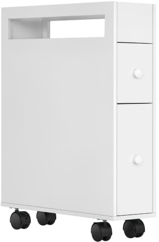 HOMCOM Badezimmerschrank schmal mit Schublade 16 x 49,5 x 66 cm Weiß | Nischenschrank auf Rollen, Badschrank, Toilettenschrank, Beistellschrank für Badezimmer, Kleine Räume