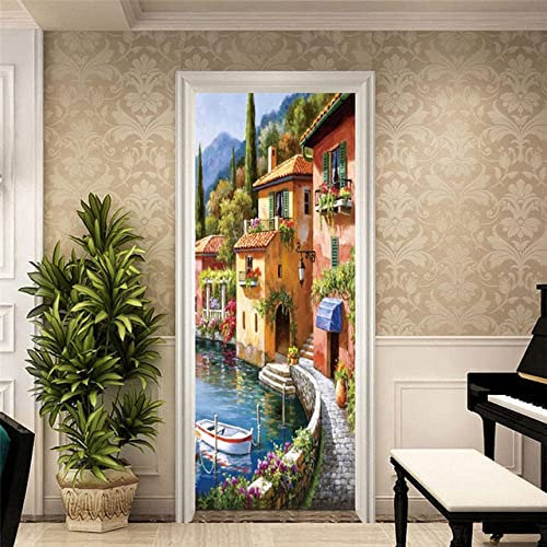 Türfolie Türtapete Türposter Selbstklebend 3D Fototapete Klebefolie Tür Mit Motiv Türaufkleber Kinderzimmer Stadthauslandschaft Am Meer 90 X 200 Cm