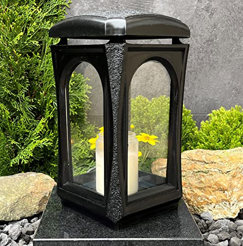 Grablaterne Grablampe Grableuchte Massiv Guss Grablicht Laterne Grabschmuck | Premium Grablaterne Massiv Schwarz , wetterfest u. robust, für alle Grabkerzen u. Grablichter geeignet, hochwertige Grabdeko