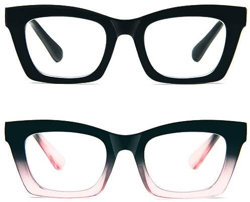 Kodilin 2 Pacco Occhiali da Lettura Vintage Oversize Square Frame Grande Retrò Quadrati Rettangolar Anti Luce Blu per Donna Cerniera a molla Nero+Nero Rosa 2.0