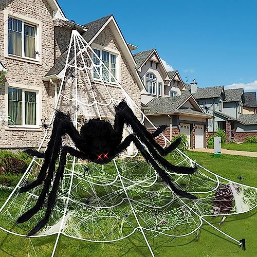 AMLOOPH Halloween Deko Outdoor Garten Gruselig Spinnennetz Groß Set | Spinnennetz Halloween Deko 7m + Riesen Spinne 2m + 30 Mini Spinne + 60g Spinnenweben für Halloween Party Deko Outdoor