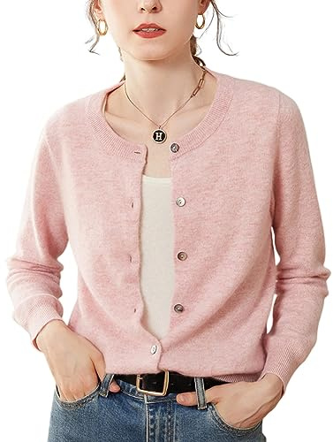 Valin Damen Kaschmir Rundhals Strickjacke Knopfleiste,Rosa,40
