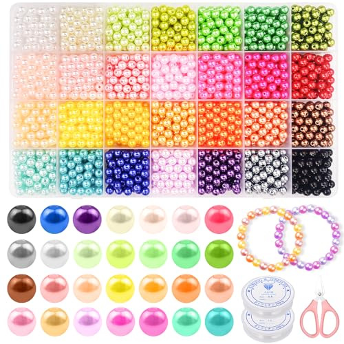 CoKeeSun 2100 Pezzi Perline per Braccialetti Colorate, 6mm Perline per Bigiotteria fai da te, 28 colori Perline per Braccialetti Adulti con Fori, Perline per Collane con 2 Filo Elastico e 1 Forbici
