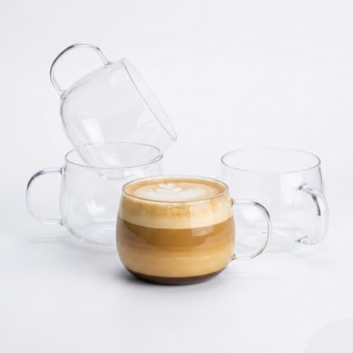 Eden & Willow Borosilicate Glass Tea & Cappuccino Cup with Handle, Ideal for Hot and Cold Beverages - 350ml (Set of 4, Plain)