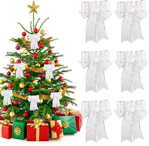 Asudaro Weihnachtsschleifen Ornamente, 6St Weihnachtsbaum Schleifenschmuck 25CM Weihnachtsschleife Stoffschleife Knotendekoration für Weihnachtsgirlande Große Geschenke Partys Weihnachtsdekor Silber