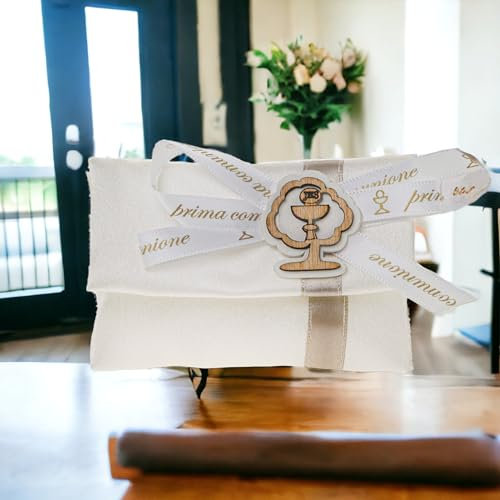 Doni Bomboniere Prima 48 Stück Beutel mit Band Kommunion Schriftzug und Applikation aus Holz Kelch Hostie Heilige Symbole Munion Komplette Geschenkideen Original Günstige