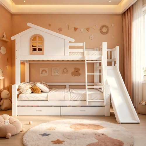 Etagenbett mit charakteristischen Fenstern und vierstufiger Kipptreppe, Kinder und Mutterbett mit mit Rutsche, Bettrahmen aus Massivholz, Weiß, 90x200cm & 120x200cm (Etagenbett + 2 Schubladen)