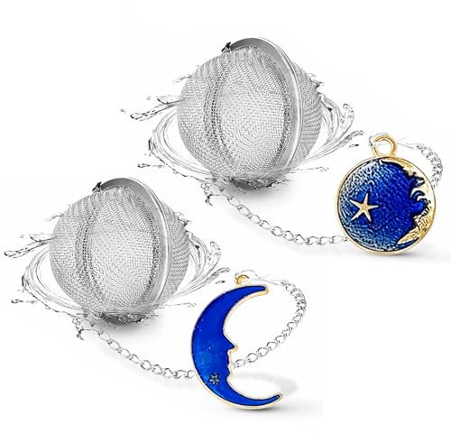 PUSCOBSY Enamel Moon Star Tea Infuser Set, 2 Pcs Loose Leaf Tea Ball Mesh, Gold Plated Celestial Charm Pendant, Stainless Steel, Silver