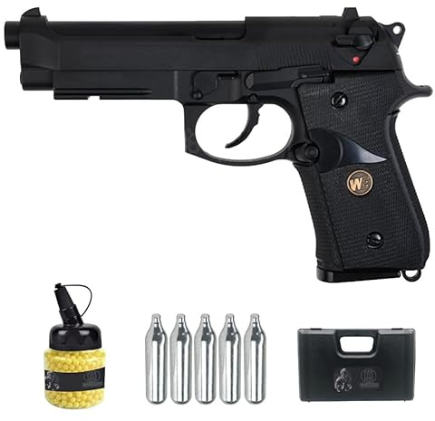 Pistola We M9A1 blowback nera CO2 (6 mm) | Pistola Airsoft (pallini in PVC) calibro 6 mm + bottiglia 1000 pallini 0,12 g + 5 CO2 + custodia imbottita. Blowback (potenza: 0,85 joule)