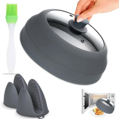 Cubierta magnética plegable para microondas, tapa grande de vidrio templado y silicona de 11.8 pulgadas, resistente al calor, protector de salpicaduras con mango de fácil agarre, color gris