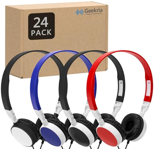 GEEKRIA 24 Pack Wired Headphones for Classroom Adjustable On-Ear Headphones, Kids Bulk Headphones for Classroom School, Children On-Ear Headset for Schools, Student, Libraries, Computer Lab