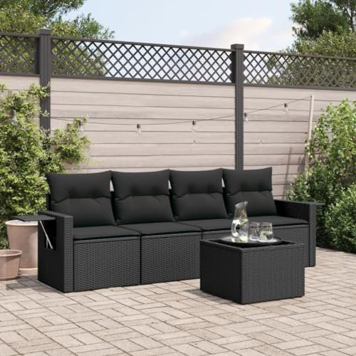 Homgoday Gartensofa-Set, 5-teilig, mit Kissen aus schwarzem Polyrattan, für den Außenbereich, Gartenmöbel-Set, Loungeset für den Außenbereich, 3219884