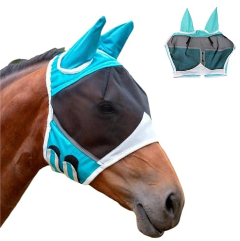 GYWHOOFT Blu Taglia L Maschera per mosche a cavallo, protezione UV, Super Comfort Stretchy, maschera per mosche con protezione per le orecchie, cappa per cavalli, maschera per mosche Horse Fly Mask