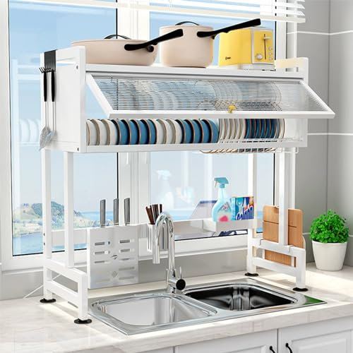 Generico Scolapiatti sopra Il lavandino, scolapiatti in Acciaio Inox a 2 Ripiani, Grande Organizer da Cucina con mobiletto con Anta a ribalta per Piatti, Bicchieri, Ciotole, Posate (95x28x81 cm (37x1
