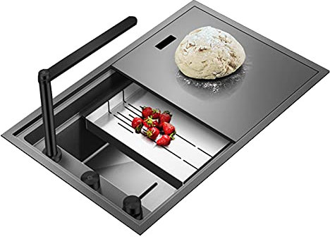 QUSYZD Edelstahlspüle, versteckte Küchenspüle mit Einer Schüssel, 28-Zoll-Arbeitsplatz-Unterbauspüle, Vorbereitungsspüle mit Edelstahlabdeckung, mit Hubhahn (A 64 * 43 * 22 cm)