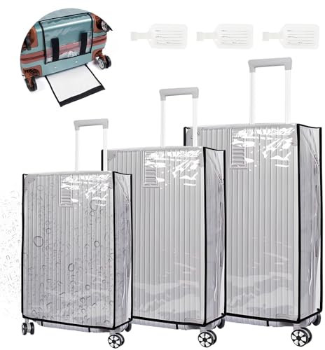 MAOMUN 3 Stück Transparent Kofferschutzhülle mit 3 Kofferanhänger, wasserdichte PVC Kofferhülle Koffer Schutzhülle 20/24/28 Zoll, Kofferschutz Kofferüberzug Schutzhülle für Reisen Täglichen Gebrauch