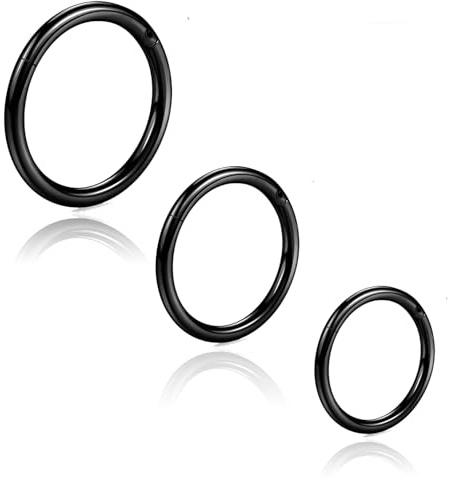 QttvbTna 3 anelli per naso incernierati, 8 mm, 10 mm, 12 mm, nero, anello per naso, in acciaio inossidabile, piccoli anelli per naso, setto nasale, labbro, cartilagine, orecchini per elica, gioielli