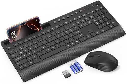 Trueque KM31 Wireless Keyboard and Mouse Combo - Full-Size Quiet Typing with Palm Rest, Phone Holder, Multimedia Keys, Power Switch, Batteries Included, Compatible with Windows, Chrome OS, PC, Laptop