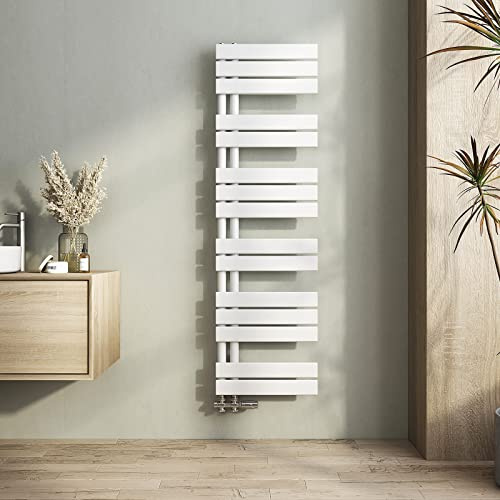 Heilmetz Radiador toallero de Tubo Plano 400 x 1385mm, radiador toallero electrico baño Caliente de una Cara, conexión Lateral para toallero de Agua Caliente, Blanco