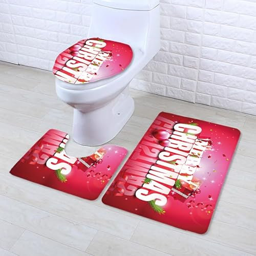 Bad Teppiche Set Rosa Rote Weihnachten Badezimmerteppich Waschbar WC Vorleger mit Ausschnitt und WC Deckelbezug 3 Teilig Badematte rutschfest Toilettensitzbezug Badgarnitur 45x75 cm