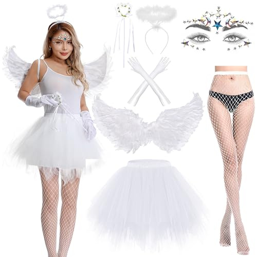 Aragallant Teufel Kostüm Damen, 7 Stück Engel Kostüm mit 80CM Engel Flügel Heiligenschein Zauberstab und Strumpf, Verkleidung Damen für Karneval Halloween Cosplay