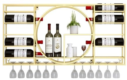 Gold Metal Wine Rack Shelf nizer for Kitchen Bar Wall Mounted Floating Shelves with Glass Holder Modern Wine Bottle Storage and Display Unit (35.4x4.3x16.5in)