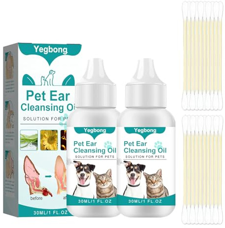 2 Pcs Ear Mite Treatment for Dogs,Ear Mite Treatment for Cats,Dog Ear Cleaner Solution,Dog Ear Drops,with 10 Cotton Swabs,Relieves Itching,Yeast Infections and Earwax Buildup in Kittens and Puppies