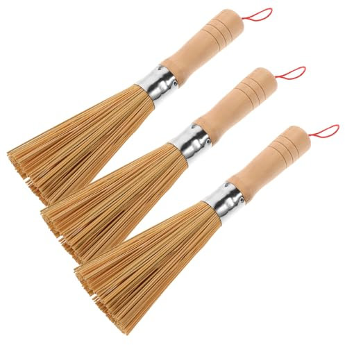 Healeved 3pcs Bamboo Broom Natural Bamboo Cleaning Tools for Kitchen Dishes and Pot Cleaning for Wok and Stove Top Maintenance