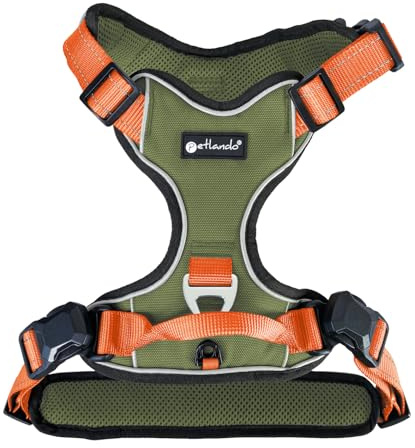 Petlando Hundegeschirr Magnetech– Innovative Magnetschnalle, mit Griff, Zwei D-Ringe, reflektierend, atmungsaktiv – Olive/orange, XS (Halsumfang 30-44cm, Brustumfang 38-46cm), sehr kleine Hunde