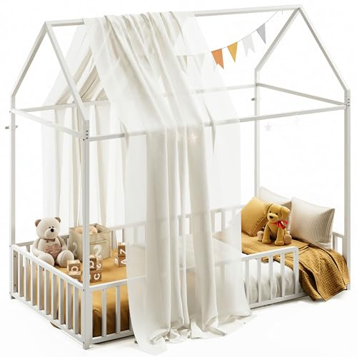 LIKIMIO Twin Floor Bed with Fence Guardrails, Metal House Bed, White | House Bed Frame, Low-Profile Floor Bed Design, Sturdy Metal Frame Construction