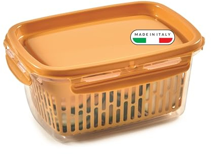 Snips Veggie SnipsLock - Contenitori per Alimenti Rettangolare, Contenitore per Cibi 1,2L, Cestello Rimovibile, 4 Chiusure di Sicurezza e Guarnizione Salva Freschezza 18.4x14x9, Senape, Made in Italy