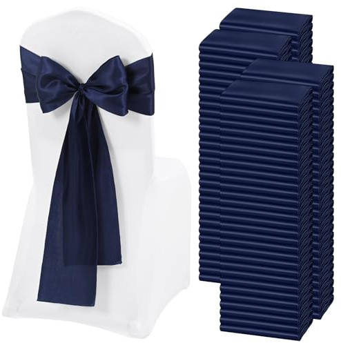REWOMC Stuhlschärpen aus Satin, Marineblau, Schleifen, dekorativ, Stuhlhussen, Schärpen für Thanksgiving, Hochzeit, Weihnachten, Bankett, Party, Zuhause, Küche, Dekoration (17,8 x 274,3 cm), 120 Stück