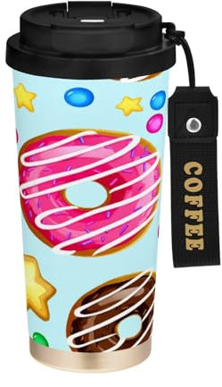 JUMBEAR Taza de viaje con aislamiento al vacío de deliciosas donas de colores, tazas de café reutilizables de viaje, taza de café de acero inoxidable de doble pared a prueba de fugas con tapa para