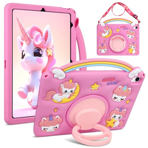 Coolden für iPad A16 11 Generation Hülle 11 Zoll 2025 Süße 3D Rainbow Unicorn Silikon iPad 10 Generation Hülle Kinder Mädchen 10.9 Zoll Stoßfeste Schutzhülle mit Drehbar Ständer Schultergurt Griff Rot