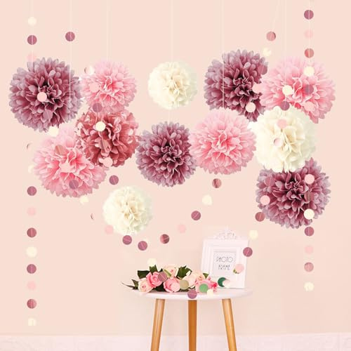 Geburtstagsdeko Rosa Weiß,15 Stück Lotusrosa Beige Seidenpapier Pompons Hochzeitsdekoration Papier Girlande Hängende Dekoration für Geburtstags Verlobung Boho Hochzeit Babyparty