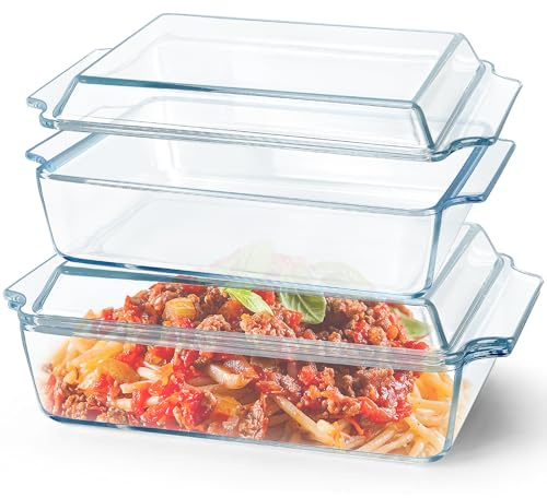 2 Pack Rectangular Casserole Dish with Lid, 1.5L + 2L Square Glass Baking Dishes, Clear Serving Dishes with Handle Oven Proof Microwave for Kitchen Home Restaurant Hotel