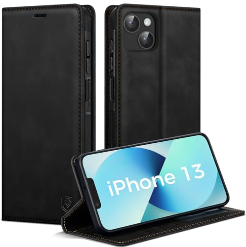 AIMOYU Handyhülle für iPhone 13 Hülle, Premium PU Leder Klapphülle Schutzhülle, Tasche Magnet Kartenfach Standfunktion Flip Case Hülle für iPhone 13, Schwarz