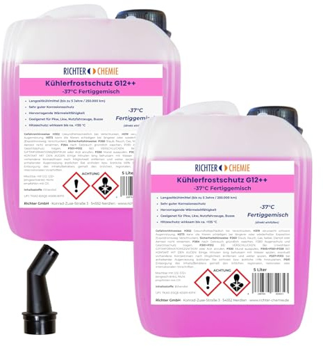 Richter Chemie Kühlerfrostschutz G12++ Fertiggemisch, -37°C, 2 x 5 L, Pink | Langzeitkühlmittel bis 5 Jahre / 250.000 km, Temperaturschutz bis ca. +135°C, Korrosionsschutz, Für PKW, LKW, Nutzfahrzeuge