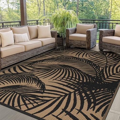 GENIMO Alfombra Exterior Terraza,Impermeable Reversible Plástico, Alfombra Barbacoa Exterior para Jardín, Picnic, Balcón, Negro Marrón, 180 x 275 cm