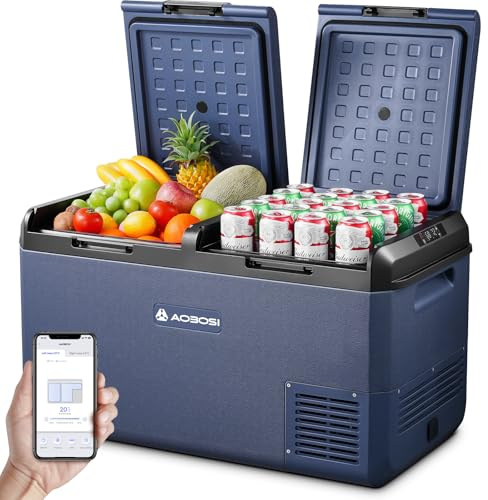 AAOBOSI Nevera Portatil 75L, IPX4 Nevera Coche, 20 °C a -20 °C Nevera 12v Compresor con Aplicación Controlar, Doble Zona Nevera Portatil Electrica para Hogar, Camping, Viajes, Pescado