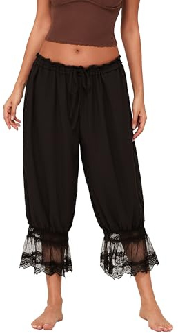 Anuedgis Women's Lace Trim Long Bloomers Pants Y2K Elastic Waist Rise Ruffle Pantaloons Cute Cropped Pyjama Bottoms