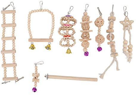 Juguetes para Loros de Madera Natural, Set de 9 Piezas con Campana y Columpio - Seguridad y Diversión para Mascotas, Estimulación y Ejercicio para Aves