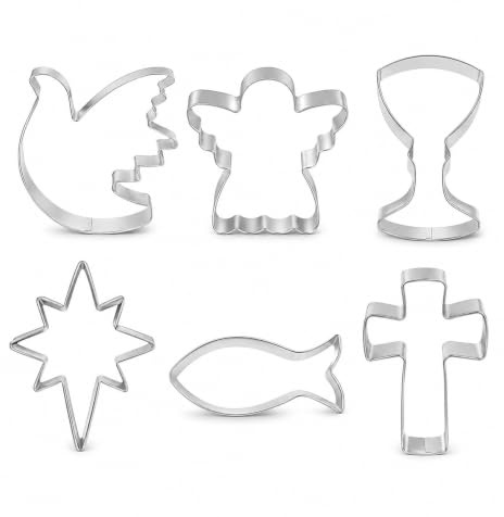 ARYIMYDP Kit 6 Stampi Biscotti Religiosi Acciaio Inox, Taglia Media con Croce, Angelo, Pesciolino, Colomba, Calice e Stella. Ideali per Decorare Sacramenti, Lavabili per Comunione e Cresima.