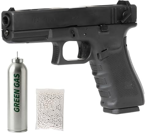 Pistola softair a gas scarrellante, POTENZA 0,9 JOULE, carrello metallo e corpo polimero, calibro 6 mm, caricatore 24 colpi, semi-auto raffica, bundle green gas e 1000 pallini (BUNDLE COMPLETO)