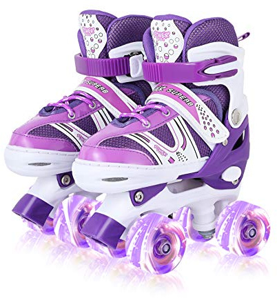 Kids Roller Skates for Girls, Adjustable Size Double Roller Skates, with All Wheels Light up, Fun Illuminating Rollerskates for Beginners, Medium（2-5）, Purple